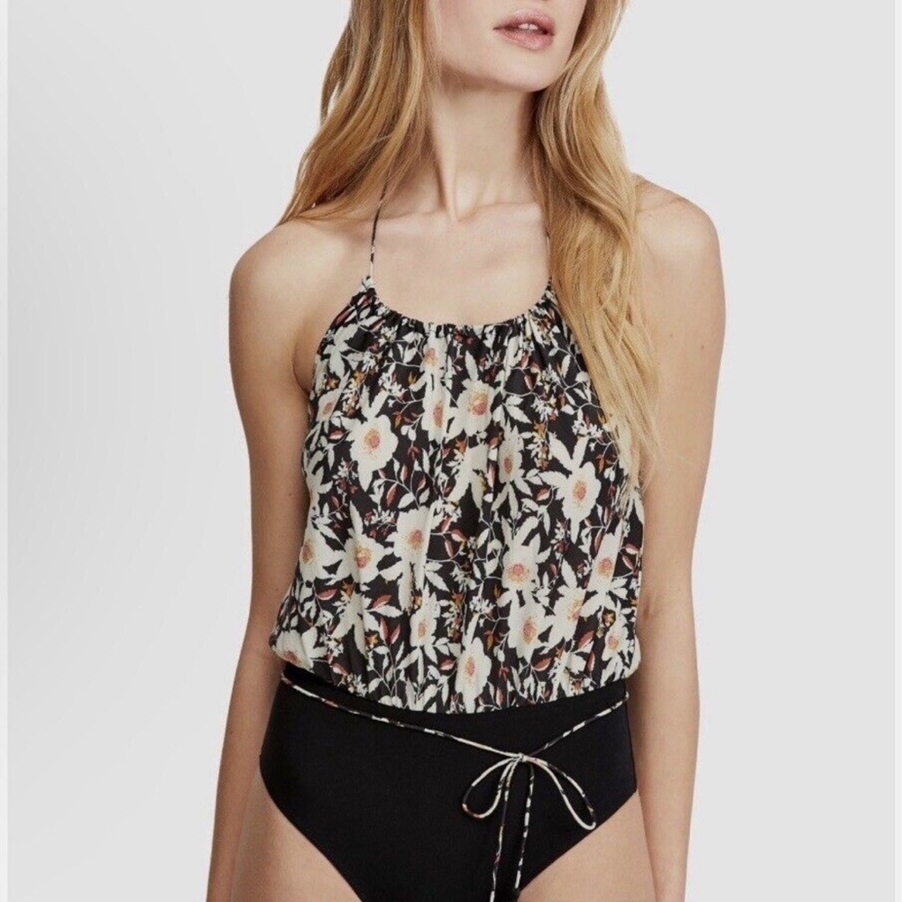 Free People Small Women's Black Floral Body Suit Spaghetti Strap Tassels Thong S